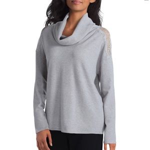 NWT H Halston Gray Cowl Neck Lace Mix Sweater - L